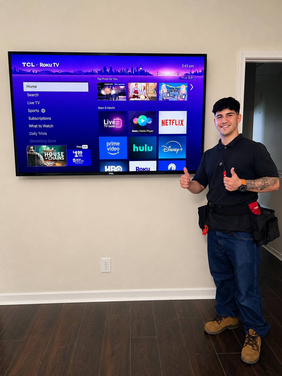 Carlos TV Mounting installer standing next to a completed TV mounting project in Houston