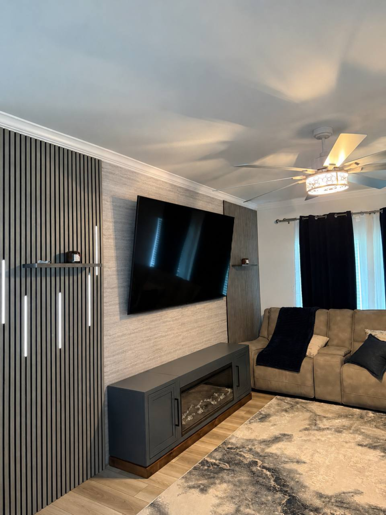 Modern entertainment wall TV mounting project with clean premium finish in Houston